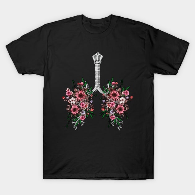 Pink flowers Lung, floral leaves, lungs, healthy lung, lungs cancer, respiratory therapist, cystic T-Shirt by Collagedream